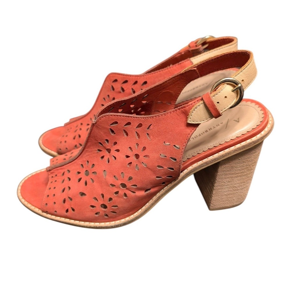 Anthropologie Orange Lucia Cut Out Shooties Block Heel Sandals Slingback 8.5M